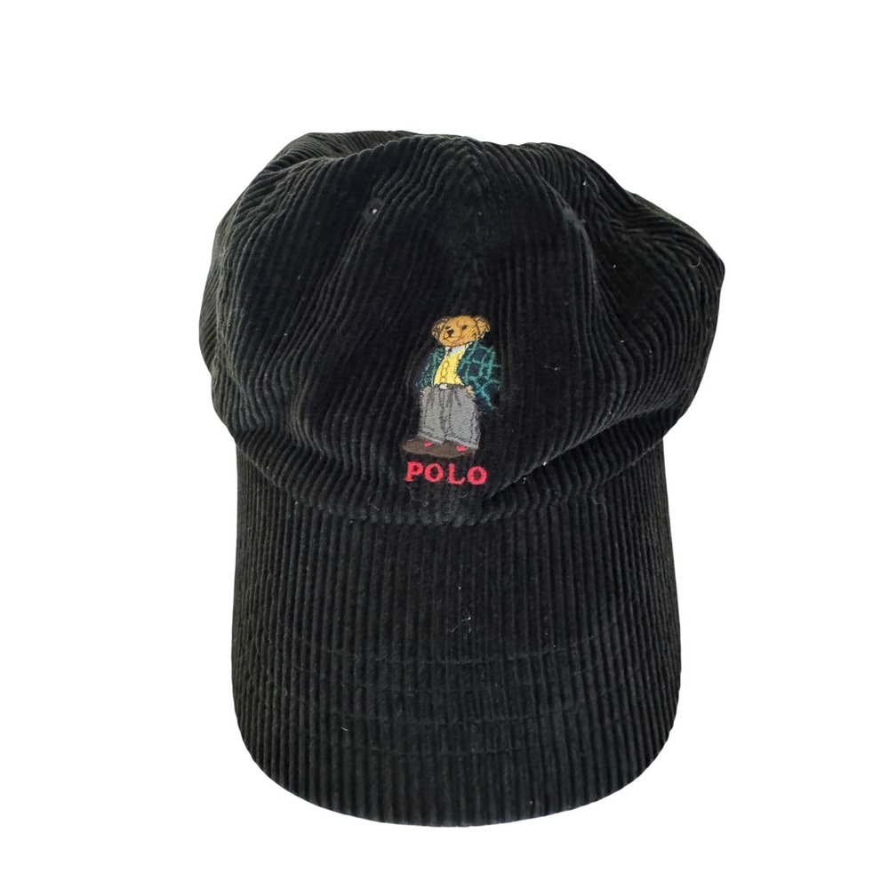 Vintage 90s Polo Ralph Lauren Sport Corduroy Bear Cap Black Leather Strap